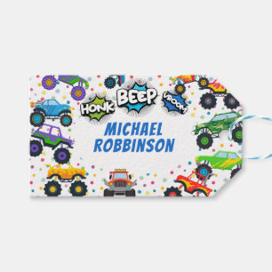 Honk beep vroom monster trucks boy birthday  gift tags