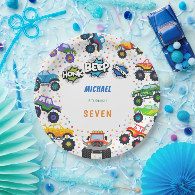Honk beep vroom monster trucks boy birthday paper plate (Party)