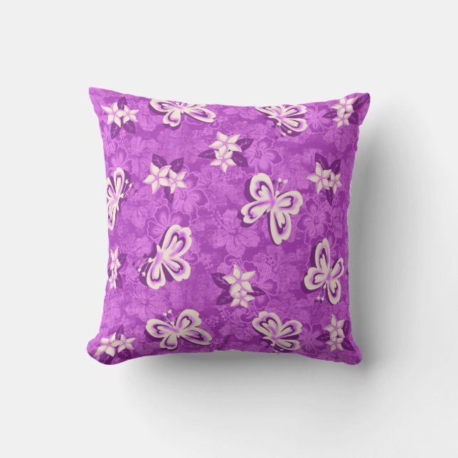 Honolua Plumeria Butterfly and Hawaiian Hibiscus Throw Pillow (Front)