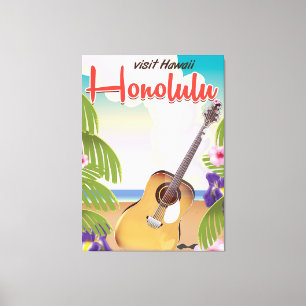 Honolulu acoustic guitar vintage travel poster. canvas print