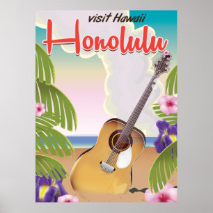 Honolulu acoustic guitar vintage travel poster. poster