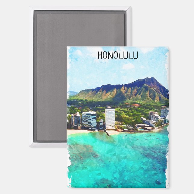 Honolulu Beach Hawaii Vintage Travel View Magnet (Front/Back)