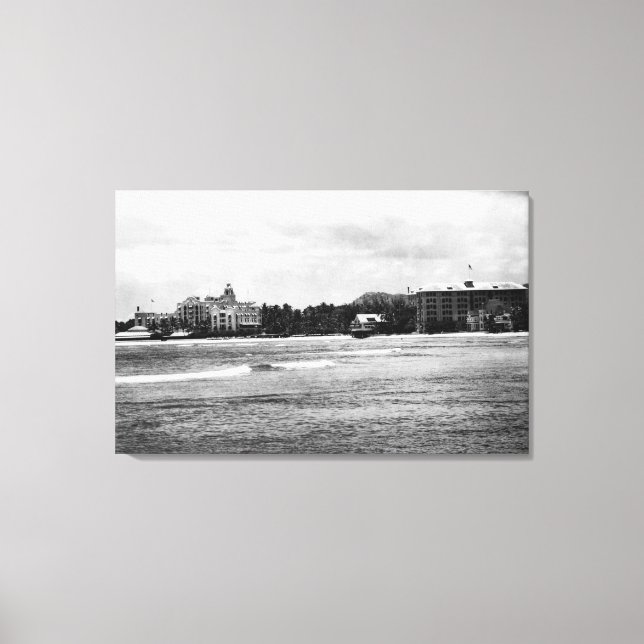 Honolulu, HA - View of Moana & Royal Hawaiian Canvas Print (Front)