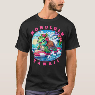 Honolulu Hawaii Girls Cute Surfing Sea Turtle  T-Shirt