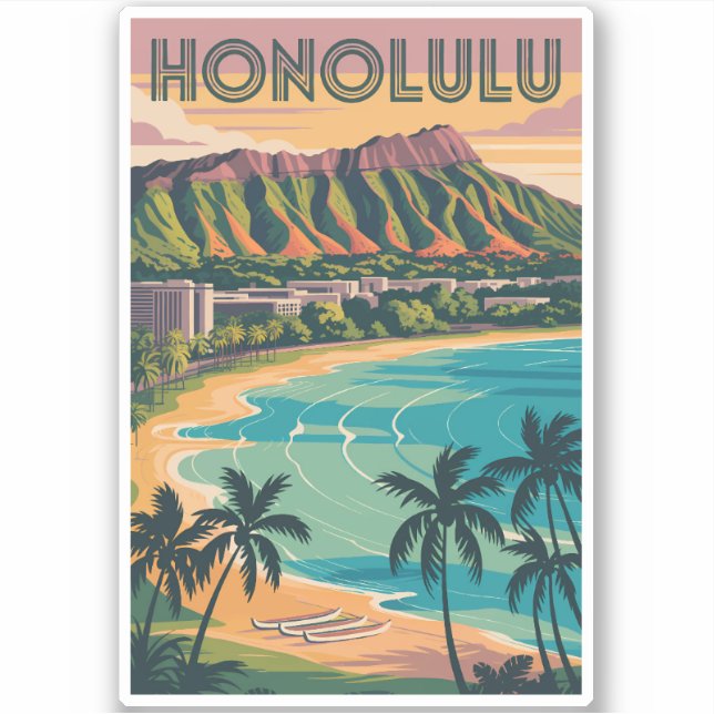 Honolulu Hawaii Illustration Travel Art Vintage (Front)