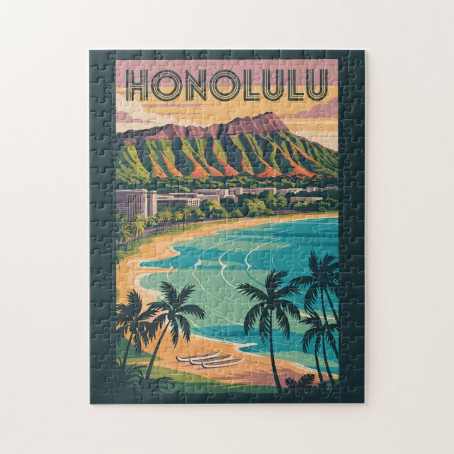 Honolulu Hawaii Illustration Travel Art Vintage Jigsaw Puzzle (Vertical)