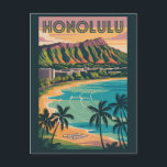 Honolulu Hawaii Illustration Travel Art Vintage Postcard<br><div class="desc">Honolulu retro vector travel design. Honolulu,  the capital of Hawaii on the island of Oahu,  is known for its world-famous Waikiki Beach,  stunning volcanic landscapes like Diamond Head,  and rich cultural heritage.</div>