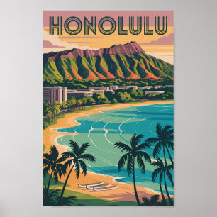 Honolulu Hawaii Illustration Travel Art Vintage Poster