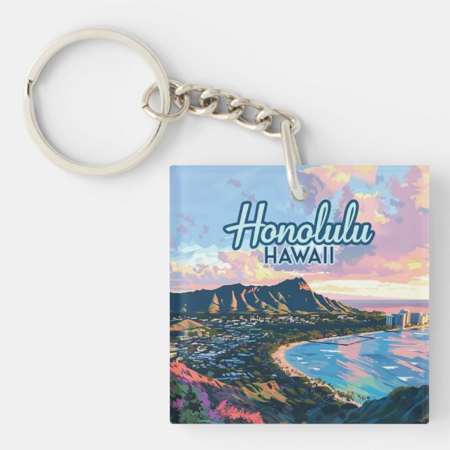 Honolulu Hawaii Oahu Waikiki Beach Diamondhead Keychain (Front)