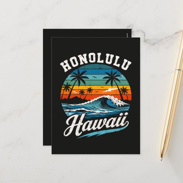 Honolulu Hawaii Surf Sunset Holiday Postcard (Front/Back In Situ)