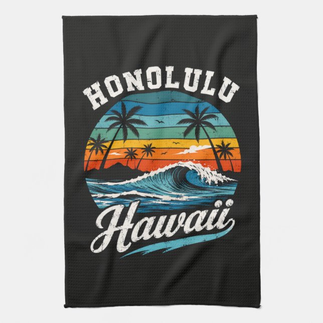 Honolulu Hawaii Surf Sunset Kitchen Towel (Vertical)