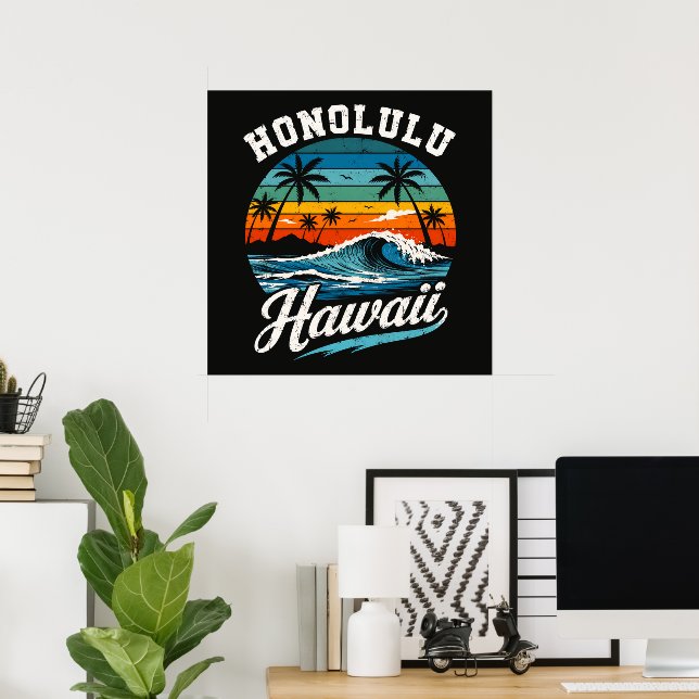 Honolulu Hawaii Surf Sunset Poster (Home Office)