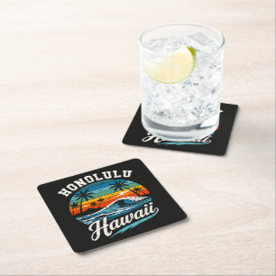 Honolulu Hawaii Surf Sunset Square Paper Coaster