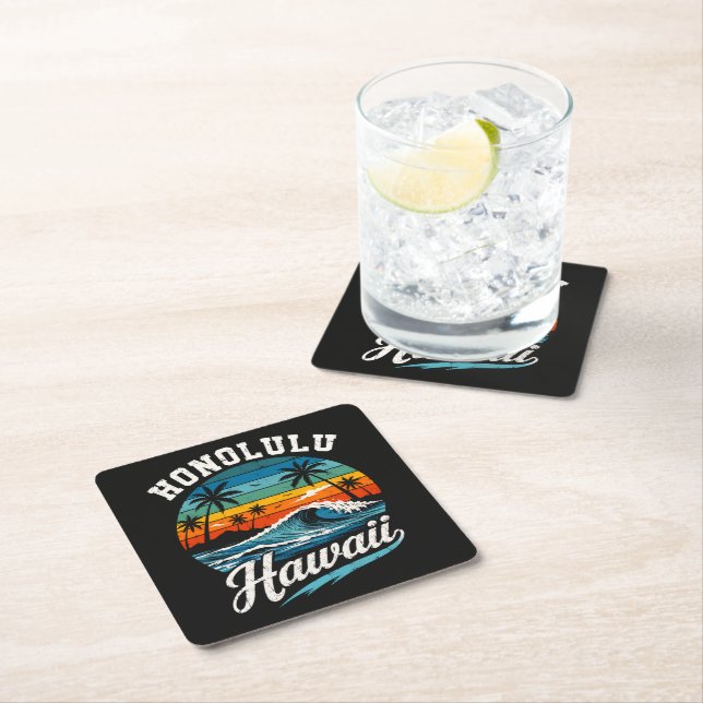 Honolulu Hawaii Surf Sunset Square Paper Coaster (Insitu)