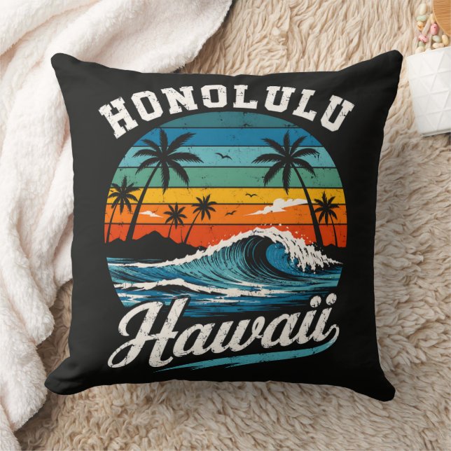 Honolulu Hawaii Surf Sunset Throw Pillow (Blanket)