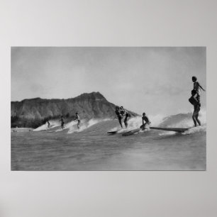 Honolulu, Hawaii - Surfers off Waikiki Beach Poster