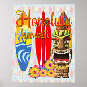 Honolulu Hawaii Tiki Surf Poster