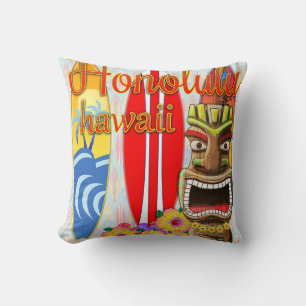 Honolulu Hawaii Tiki Surf Throw Pillow