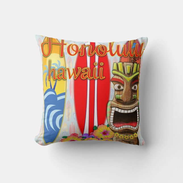 Honolulu Hawaii Tiki Surf Throw Pillow (Front)