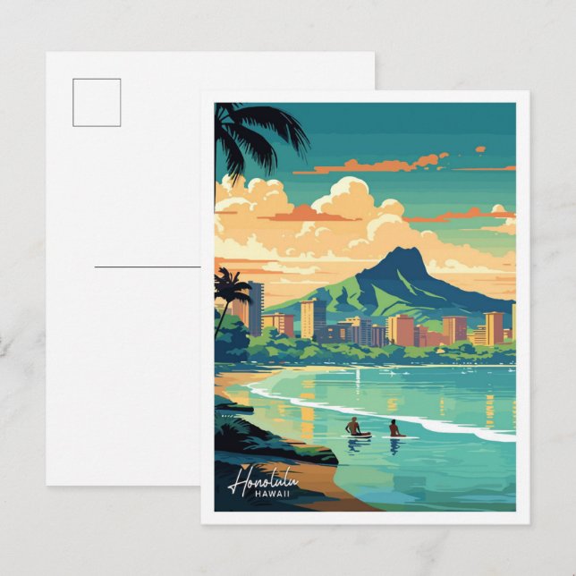 Honolulu Hawaii Travel Vintage illustration Postcard (Front/Back)