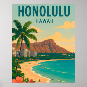 Honolulu Hawaii Tropical Beach Travel Scene Poster