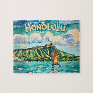 Honolulu Hawaii Vintage Travel Van Gogh Landscape Jigsaw Puzzle