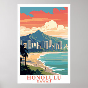 Honolulu Hawaii Vintage Travel Waikiki Beach Art Poster