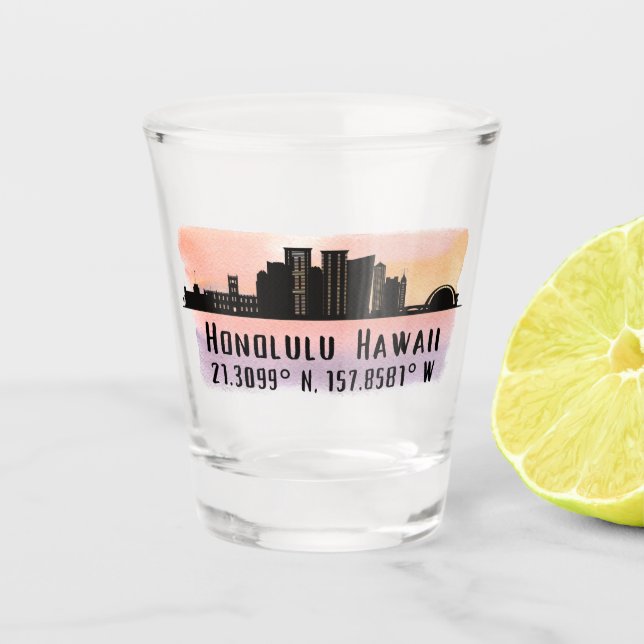 Honolulu Skyline Latitude and Longitude  Shot Glass (Front)