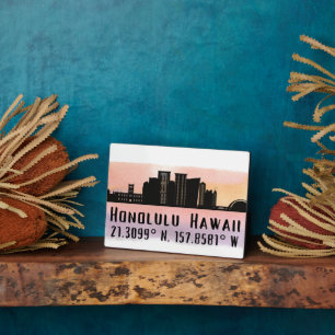 Honolulu Skyline Latitude and Longitude Tabletop Plaque