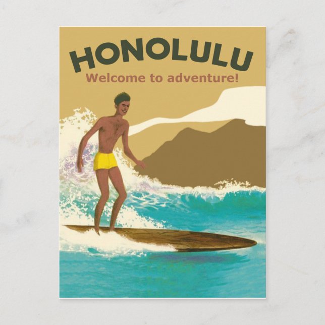 Honolulu, surfing on ocean waves postcard (Front)