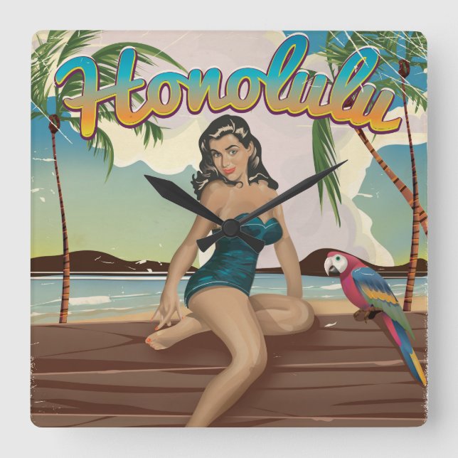 Honolulu vintage retro Travel print Square Wall Clock (Front)