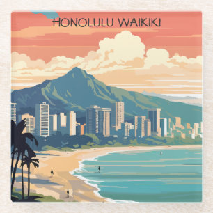 Honolulu Waikiki Beach Hawaii Panorama View Beach Glass Coaster