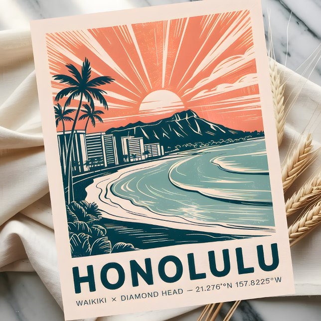 Honolulu Waikiki Diamond Head Scenic Retro Travel  Postcard (Honolulu Waikiki Diamond Head Scenic Retro Travel Postcard)