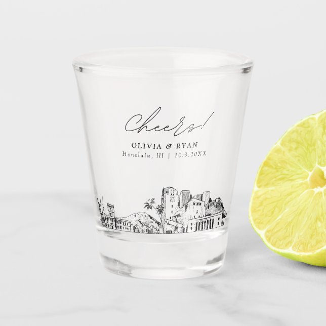 Honolulu Wedding Favour Personalized Cheers Shot Glass (Front)