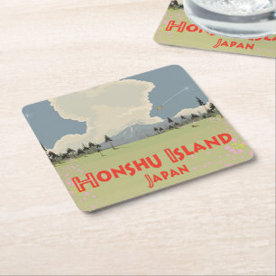 Honshu Island,Japan travel poster Square Paper Coaster