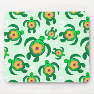 Honu Green Sea Turtles Hibiscus Flowers Mouse Pad