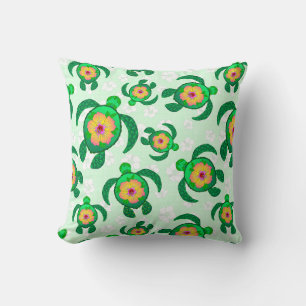 Honu Green Sea Turtles Hibiscus Flowers Throw Pillow