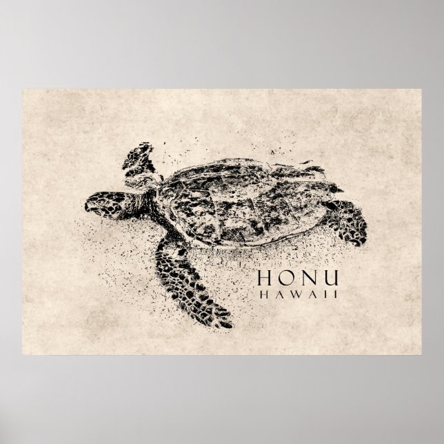 Honu Hawaiian Sea Turtle on Vintage Parchment Poster (Front)