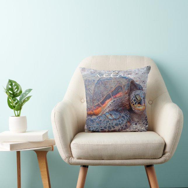 Honu Hawaiian Sea Turtle Photo Relax Script Bold Throw Pillow (Chair)