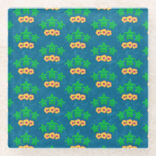 Honu Hawaiian Tribal Green Sea Turtles Glass Coaster