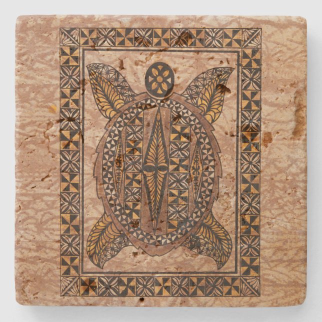 Honu Primitive Hawaiian Tattoo Tapa Stone Coaster (Front)