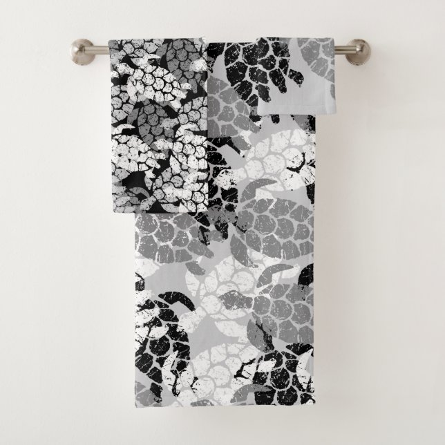 Honu Sea Turtle Hawaiian Coordinates Grey Bath Towel Set (Insitu)
