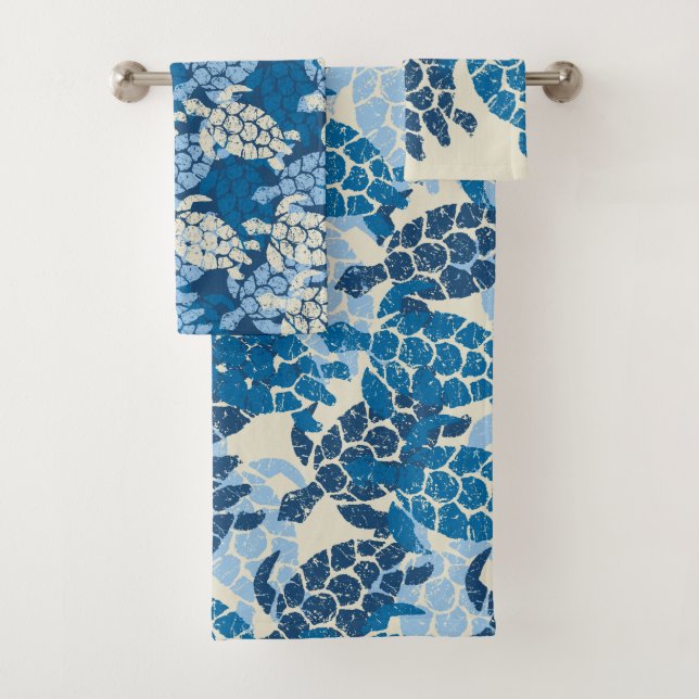 Honu Sea Turtle Hawaiian Coordinates Indigo Bath Towel Set (Insitu)
