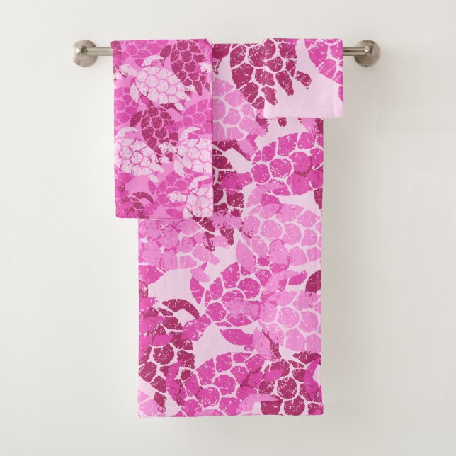 Honu Sea Turtle Hawaiian Coordinates Pink Bath Towel Set (Insitu)