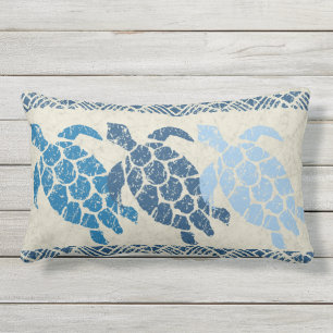 Honu Sea Turtle Hawaiian Reversible Batik - Indigo Lumbar Pillow