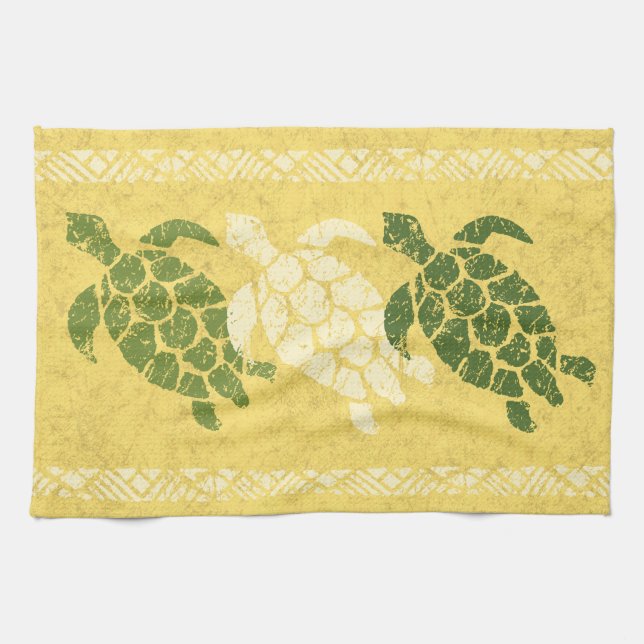 Honu Sea Turtle Hawaiian Tapa Batik -Banana Kitchen Towel (Horizontal)