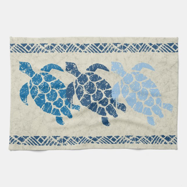 Honu Sea Turtle Hawaiian Tapa Batik -Indigo Kitchen Towel (Horizontal)