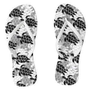 Honu Sea Turtle Hawaiian Tapa Black Flip Flops