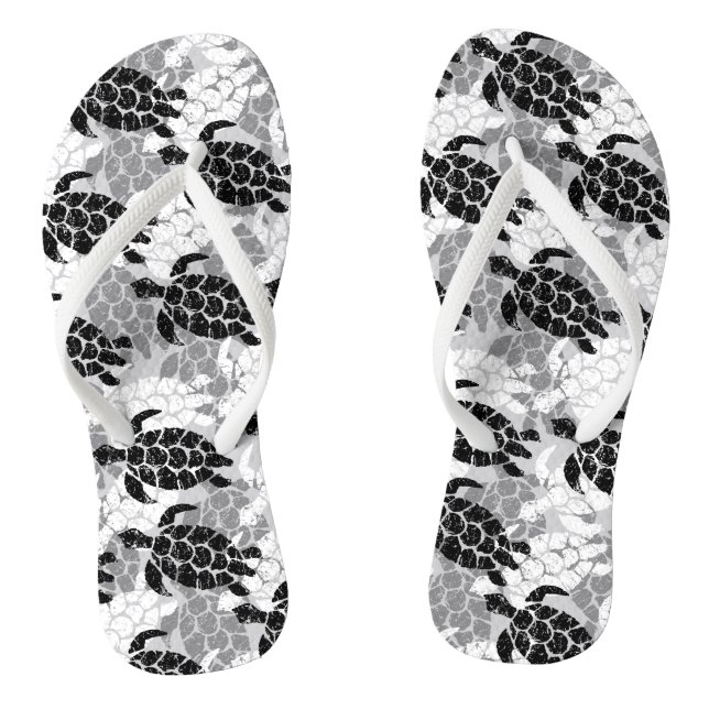Honu Sea Turtle Hawaiian Tapa Black Flip Flops (Footbed)