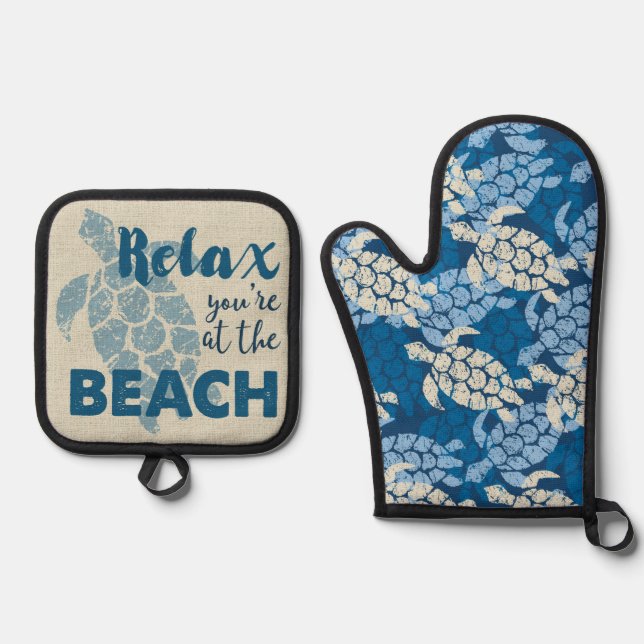 Honu Sea Turtle Hawaiian Tapa in Blues Oven Mitt & Pot Holder Set (Front)